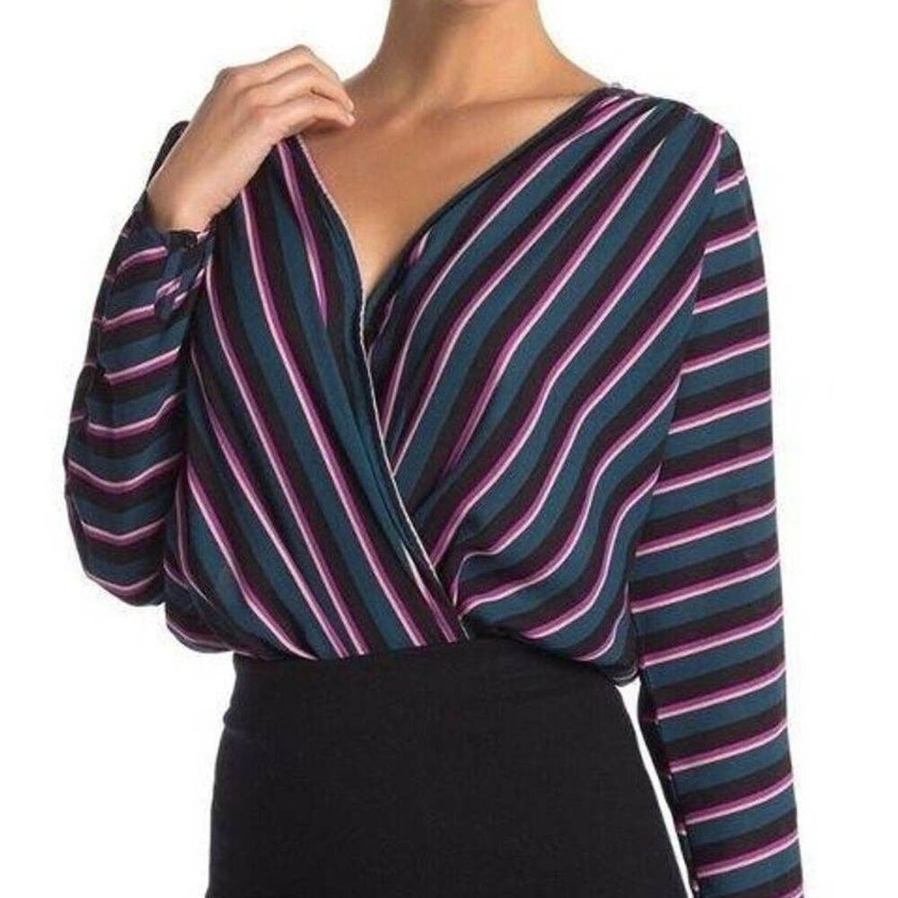 ASTR The Label Striped Surplice Neck Long Sleeve Bodysuit Size Small